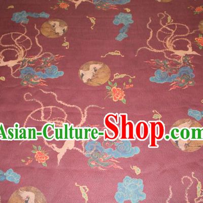 Chinese Traditional Wine Red Gambiered Guangdong Gauze Cheongsam Satin Fabric Classical Cloud Crane Pattern Silk Drapery