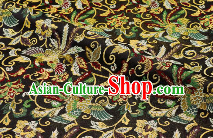 Asian Kimono Cloth Fabric Japanese Nishijin Tapestry Satin Traditional Phoenix Pattern Design Black Brocade