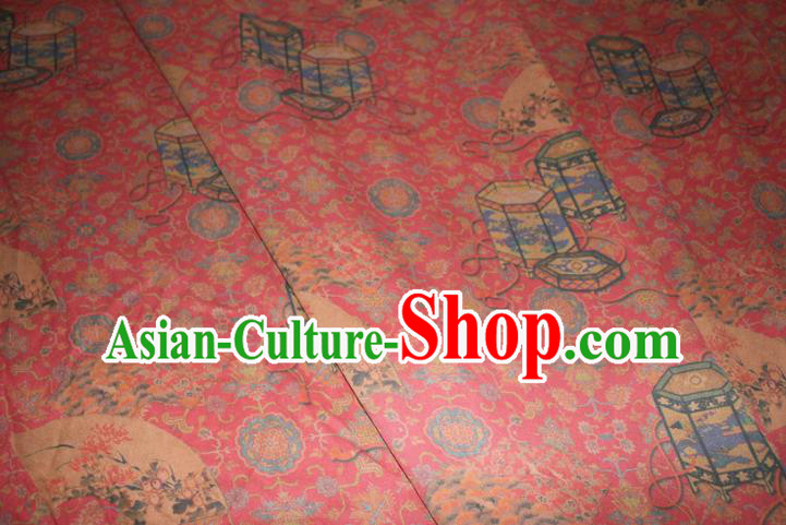 Chinese Cheongsam Red Satin Fabric Traditional Gambiered Guangdong Gauze Classical Lantern Pattern Silk Drapery
