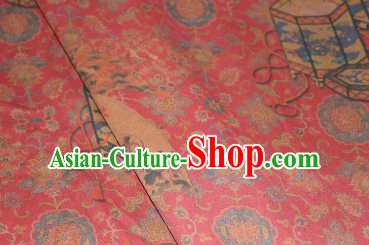 Chinese Cheongsam Red Satin Fabric Traditional Gambiered Guangdong Gauze Classical Lantern Pattern Silk Drapery