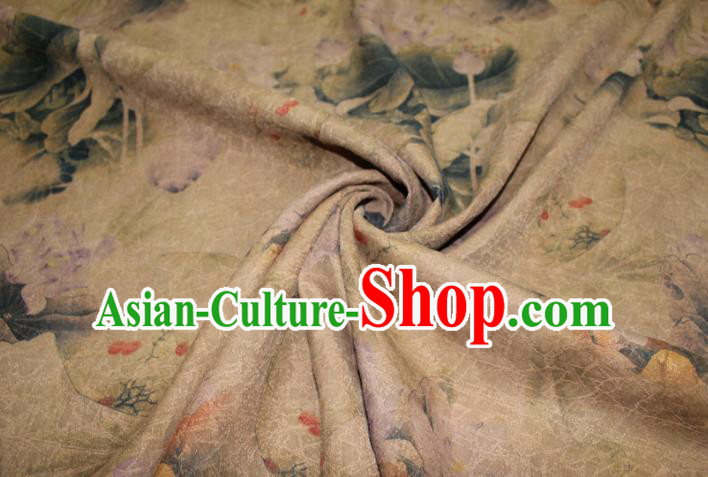 Chinese Cheongsam Beige Satin Fabric Traditional Gambiered Guangdong Gauze Classical Lotus Pattern Silk Drapery Chinese Cheongsam Beige Satin Fabric Traditional Gambiered Guangdong Gauze Classical Lotus Pattern Silk Drapery