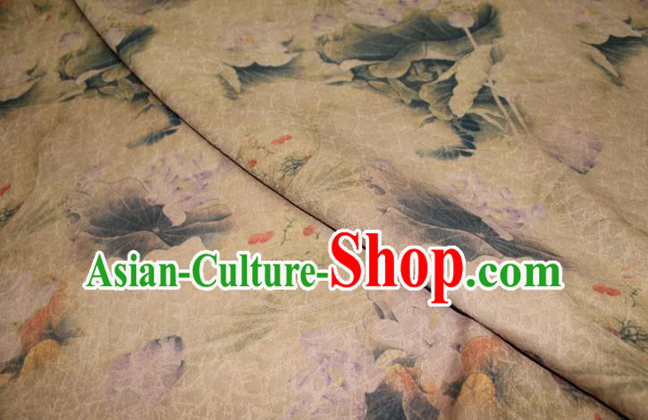 Chinese Cheongsam Beige Satin Fabric Traditional Gambiered Guangdong Gauze Classical Lotus Pattern Silk Drapery Chinese Cheongsam Beige Satin Fabric Traditional Gambiered Guangdong Gauze Classical Lotus Pattern Silk Drapery