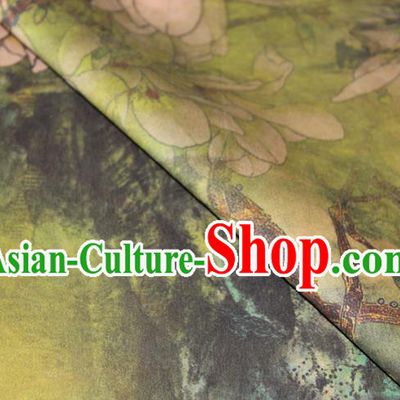 Chinese Cheongsam Green Satin Fabric Traditional Ginger Gambiered Guangdong Gauze Classical Mangnolia Pattern Silk Drapery