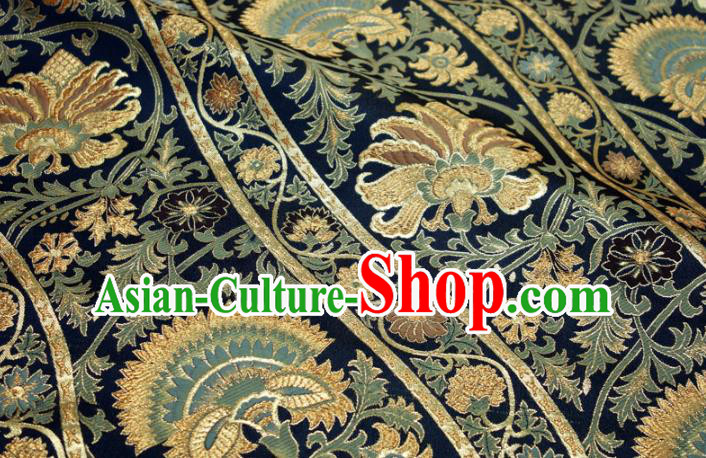 Asian Japanese Nishijin Tapestry Satin Traditional Flowers Pattern Design Navy Brocade Kimono Fabric Asian Japanese Nishijin Tapestry Satin Traditional Flowers Pattern Design Navy Brocade Kimono Fabric