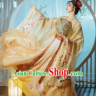 Ancient China Imperial Consort Costumes Traditional Tang Dynasty Palace Lady Yellow Hanfu Dress Embroidered Clothing Complete Set