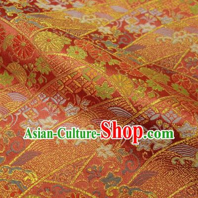 Asian Japanese Nishijin Red Tapestry Satin Traditional Chrysanthemum Pattern Design Brocade Kimono Fabric