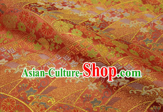 Asian Japanese Nishijin Red Tapestry Satin Traditional Chrysanthemum Pattern Design Brocade Kimono Fabric Asian Japanese Nishijin Red Tapestry Satin Traditional Chrysanthemum Pattern Design Brocade Kimono Fabric
