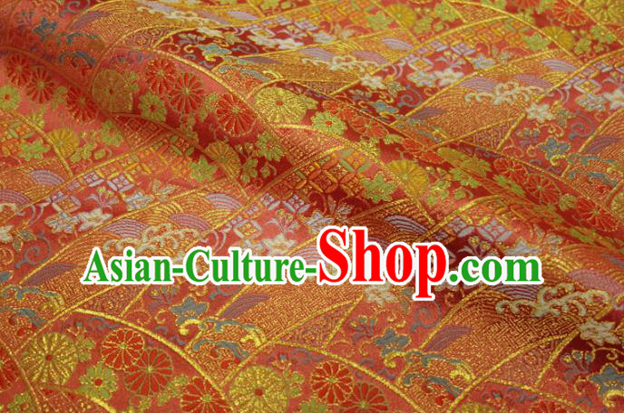 Asian Japanese Nishijin Red Tapestry Satin Traditional Chrysanthemum Pattern Design Brocade Kimono Fabric Asian Japanese Nishijin Red Tapestry Satin Traditional Chrysanthemum Pattern Design Brocade Kimono Fabric