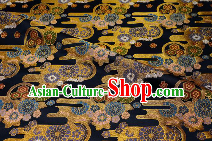 Asian Kimono Cloth Fabric Traditional Chrysanthemum Pattern Design Black Brocade Japanese Nishijin Tapestry Satin Asian Kimono Cloth Fabric Traditional Chrysanthemum Pattern Design Black Brocade Japanese Nishijin Tapestry Satin