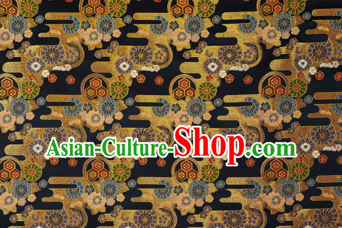 Asian Kimono Cloth Fabric Traditional Chrysanthemum Pattern Design Black Brocade Japanese Nishijin Tapestry Satin Asian Kimono Cloth Fabric Traditional Chrysanthemum Pattern Design Black Brocade Japanese Nishijin Tapestry Satin