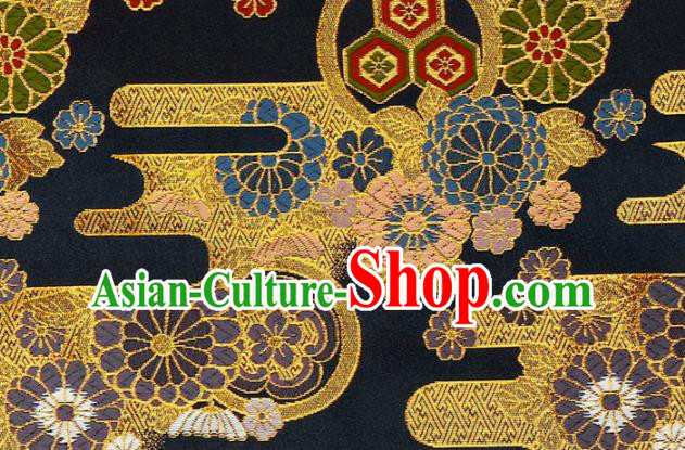 Asian Kimono Cloth Fabric Traditional Chrysanthemum Pattern Design Black Brocade Japanese Nishijin Tapestry Satin Asian Kimono Cloth Fabric Traditional Chrysanthemum Pattern Design Black Brocade Japanese Nishijin Tapestry Satin