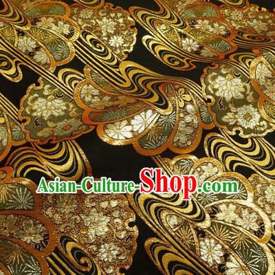 Asian Traditional Flow Sakura Pattern Design Black Brocade Japanese Cloth Fabric Kimono Nishijin Tapestry Satin