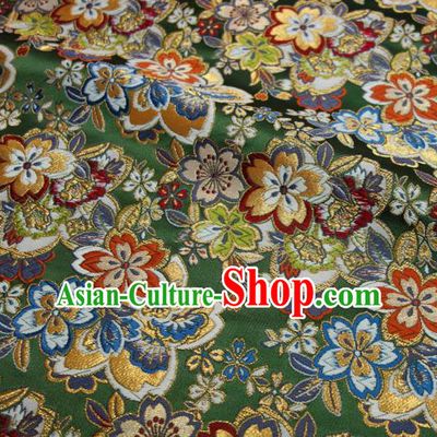 Asian Kimono Green Damask Nishijin Tapestry Satin Fabric Traditional Sakura Pattern Design Brocade Japanese Cloth