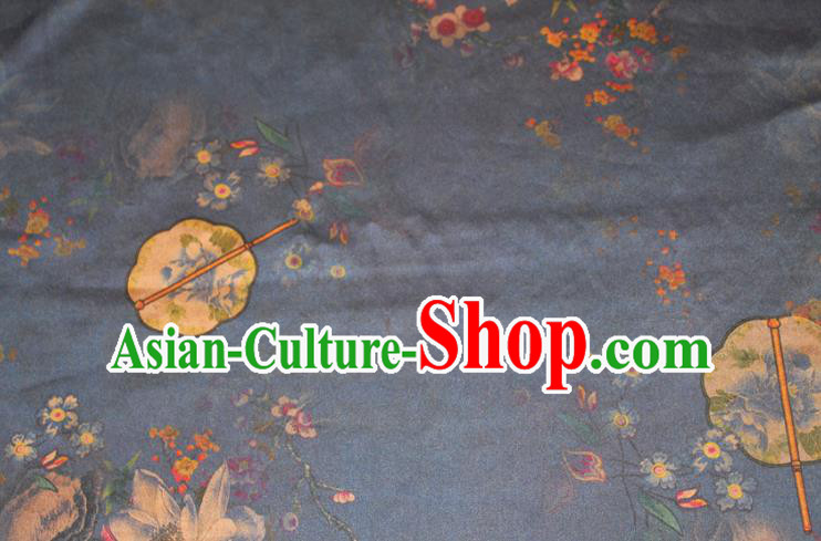 Chinese Cheongsam Navy Gambiered Guangdong Gauze Classical Lotus Fan Pattern Silk Drapery Traditional Fabric Chinese Cheongsam Navy Gambiered Guangdong Gauze Classical Lotus Fan Pattern Silk Drapery Traditional Fabric