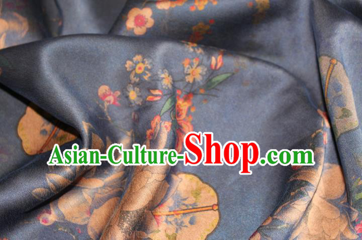 Chinese Cheongsam Navy Gambiered Guangdong Gauze Classical Lotus Fan Pattern Silk Drapery Traditional Fabric Chinese Cheongsam Navy Gambiered Guangdong Gauze Classical Lotus Fan Pattern Silk Drapery Traditional Fabric