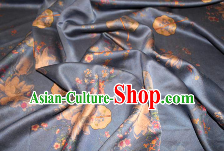 Chinese Cheongsam Navy Gambiered Guangdong Gauze Classical Lotus Fan Pattern Silk Drapery Traditional Fabric Chinese Cheongsam Navy Gambiered Guangdong Gauze Classical Lotus Fan Pattern Silk Drapery Traditional Fabric