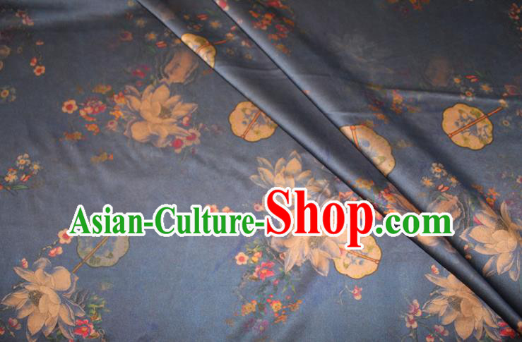 Chinese Cheongsam Navy Gambiered Guangdong Gauze Classical Lotus Fan Pattern Silk Drapery Traditional Fabric Chinese Cheongsam Navy Gambiered Guangdong Gauze Classical Lotus Fan Pattern Silk Drapery Traditional Fabric
