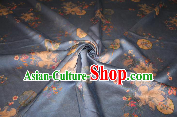 Chinese Cheongsam Navy Gambiered Guangdong Gauze Classical Lotus Fan Pattern Silk Drapery Traditional Fabric Chinese Cheongsam Navy Gambiered Guangdong Gauze Classical Lotus Fan Pattern Silk Drapery Traditional Fabric