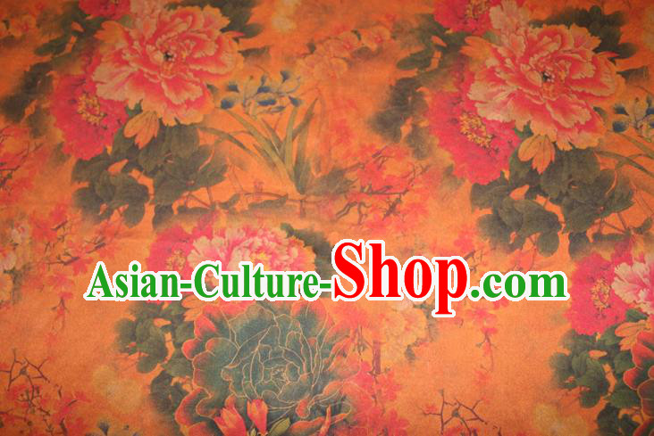 Chinese Cheongsam Classical Peony Orchid Pattern Silk Drapery Traditional Fabric Yellow Gambiered Guangdong Gauze Chinese Cheongsam Classical Peony Orchid Pattern Silk Drapery Traditional Fabric Yellow Gambiered Guangdong Gauze