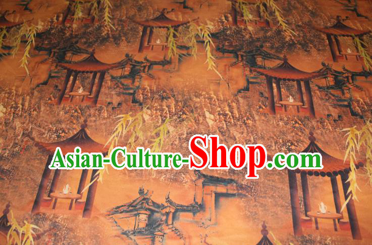 Chinese Classical Lan Pavilion Pattern Silk Drapery Traditional Cheongsam Orange Gambiered Guangdong Gauze Fabric Chinese Classical Lan Pavilion Pattern Silk Drapery Traditional Cheongsam Orange Gambiered Guangdong Gauze Fabric