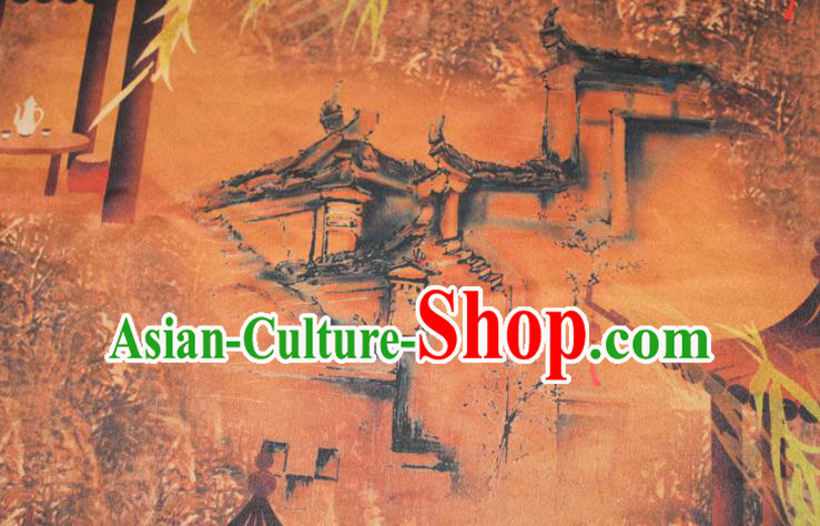 Chinese Classical Lan Pavilion Pattern Silk Drapery Traditional Cheongsam Orange Gambiered Guangdong Gauze Fabric Chinese Classical Lan Pavilion Pattern Silk Drapery Traditional Cheongsam Orange Gambiered Guangdong Gauze Fabric