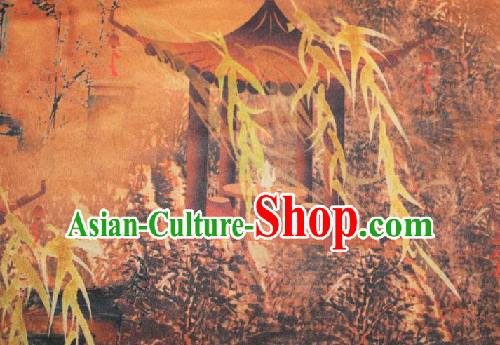 Chinese Classical Lan Pavilion Pattern Silk Drapery Traditional Cheongsam Orange Gambiered Guangdong Gauze Fabric Chinese Classical Lan Pavilion Pattern Silk Drapery Traditional Cheongsam Orange Gambiered Guangdong Gauze Fabric