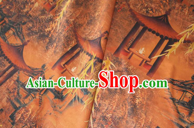 Chinese Classical Lan Pavilion Pattern Silk Drapery Traditional Cheongsam Orange Gambiered Guangdong Gauze Fabric Chinese Classical Lan Pavilion Pattern Silk Drapery Traditional Cheongsam Orange Gambiered Guangdong Gauze Fabric
