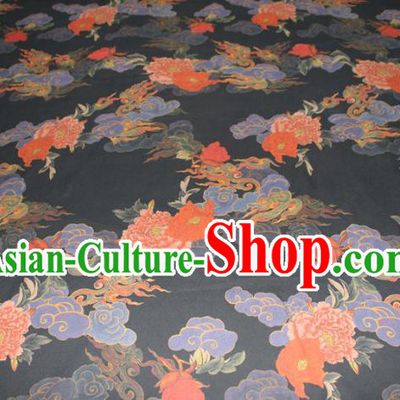 Chinese Traditional Black Gambiered Guangdong Gauze Cheongsam Satin Fabric Classical Cloud Peony Pattern Silk Drapery