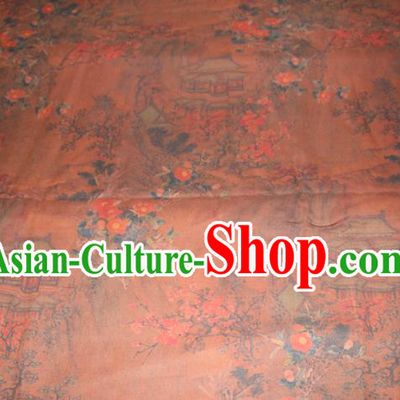 Chinese Traditional Ginger Gambiered Guangdong Gauze Cheongsam Satin Fabric Classical Plum Pavilion Pattern Silk Drapery