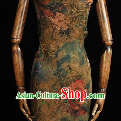 Chinese Classical Lotus Pattern Silk Jacquard Drapery Traditional Gambiered Guangdong Gauze Cheongsam Green Satin Fabric