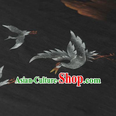 Chinese Classical Cranes Pattern Silk Drapery Traditional Gambiered Guangdong Gauze Cheongsam Black Satin Fabric