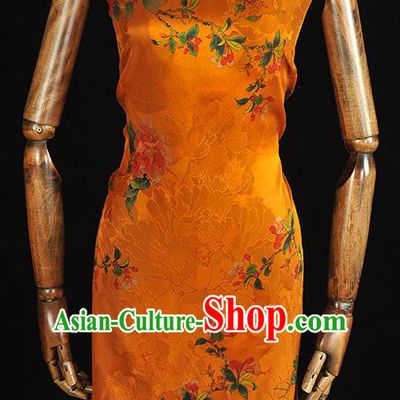 Chinese Classical Begonia Pattern Silk Drapery Traditional Gambiered Guangdong Gauze Cheongsam Jacquard Fabric Orange Satin