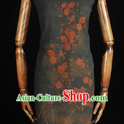 China Classical Jasmine Pattern Silk Fabric Cheongsam Cloth Traditional Jacquard Atrovirens Satin