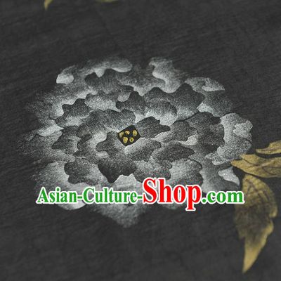 Chinese Classical Frottage Peony Pattern Silk Drapery Cheongsam Black Satin Fabric Traditional Gambiered Guangdong Gauze