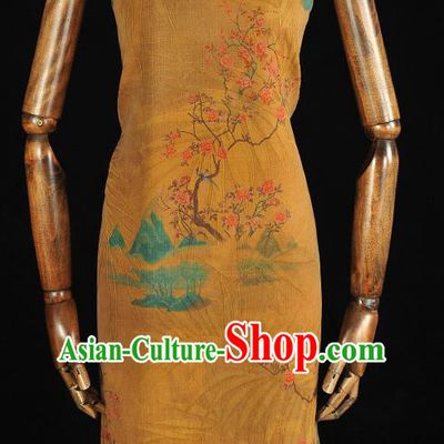 Chinese Classical Peach Flowers Pattern Silk Drapery Traditional Cheongsam Silk Fabric Yellow Gambiered Guangdong Gauze