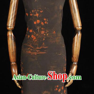 Chinese Black Gambiered Guangdong Gauze Traditional Cheongsam Silk Fabric Classical Peach Blossom Pattern Silk Drapery