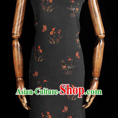 Chinese Black Gambiered Guangdong Gauze Traditional Cheongsam Silk Fabric Classical Orchids Pattern Silk Drapery
