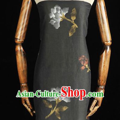 Chinese Cheongsam Black Satin Fabric Traditional Gambiered Guangdong Gauze Classical Frottage Flowers Pattern Silk Drapery