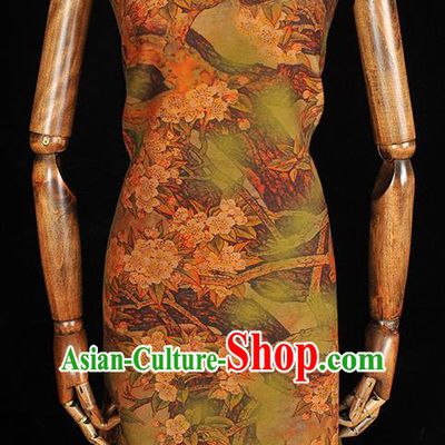 Chinese Classical Plum Blossom Pattern Gambiered Guangdong Gauze Cheongsam Silk Fabric Traditional Light Green Silk Drapery
