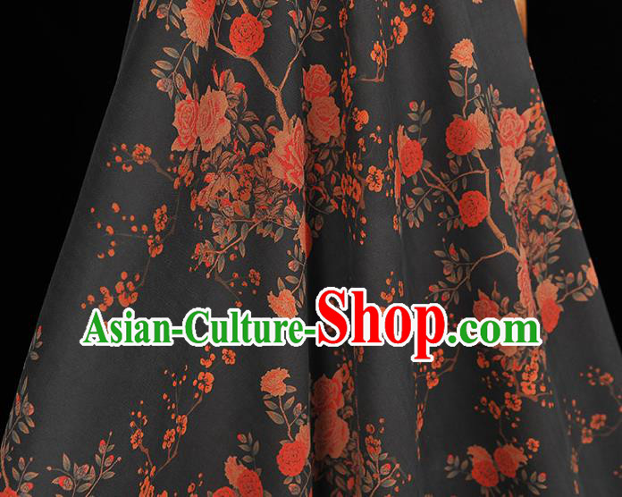 Chinese Classical Roses Pattern Gambiered Guangdong Gauze Cheongsam Silk Fabric Traditional Black Silk Drapery Chinese Classical Roses Pattern Gambiered Guangdong Gauze Cheongsam Silk Fabric Traditional Black Silk Drapery