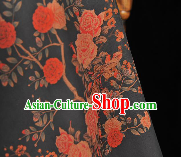 Chinese Classical Roses Pattern Gambiered Guangdong Gauze Cheongsam Silk Fabric Traditional Black Silk Drapery Chinese Classical Roses Pattern Gambiered Guangdong Gauze Cheongsam Silk Fabric Traditional Black Silk Drapery