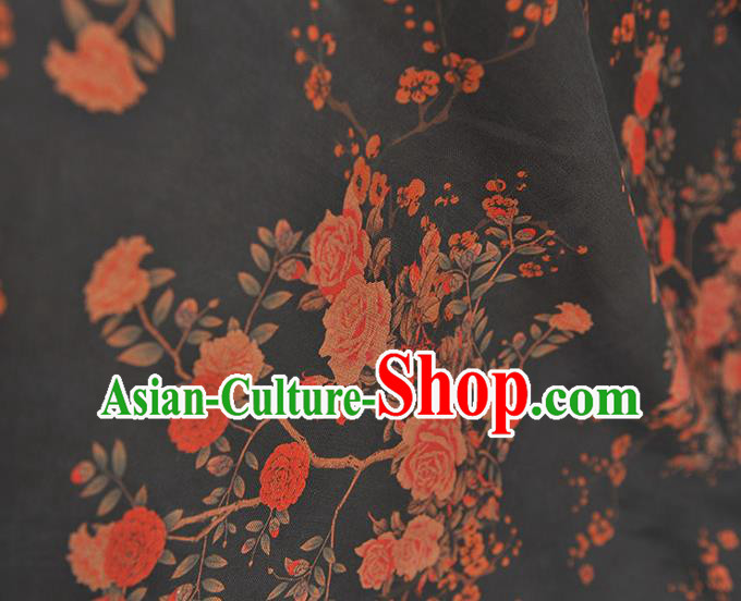Chinese Classical Roses Pattern Gambiered Guangdong Gauze Cheongsam Silk Fabric Traditional Black Silk Drapery Chinese Classical Roses Pattern Gambiered Guangdong Gauze Cheongsam Silk Fabric Traditional Black Silk Drapery