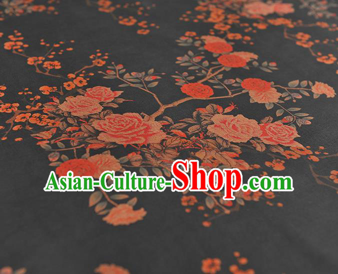 Chinese Classical Roses Pattern Gambiered Guangdong Gauze Cheongsam Silk Fabric Traditional Black Silk Drapery Chinese Classical Roses Pattern Gambiered Guangdong Gauze Cheongsam Silk Fabric Traditional Black Silk Drapery