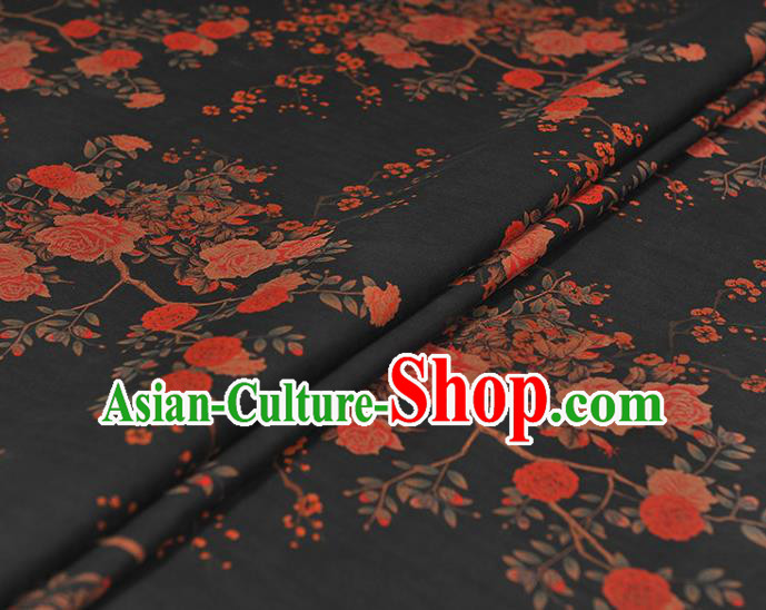 Chinese Classical Roses Pattern Gambiered Guangdong Gauze Cheongsam Silk Fabric Traditional Black Silk Drapery Chinese Classical Roses Pattern Gambiered Guangdong Gauze Cheongsam Silk Fabric Traditional Black Silk Drapery