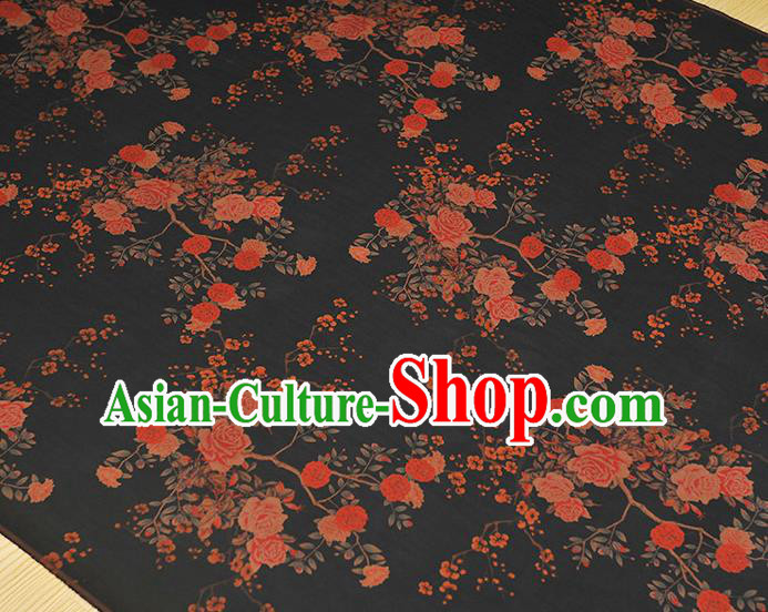 Chinese Classical Roses Pattern Gambiered Guangdong Gauze Cheongsam Silk Fabric Traditional Black Silk Drapery Chinese Classical Roses Pattern Gambiered Guangdong Gauze Cheongsam Silk Fabric Traditional Black Silk Drapery