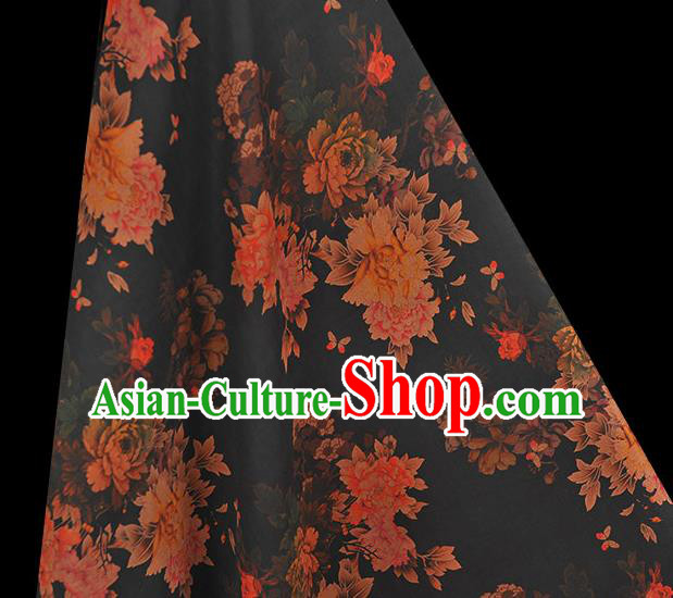 Chinese Cheongsam Black Silk Fabric Classical Peony Pattern Gambiered Guangdong Gauze Traditional Silk Drapery