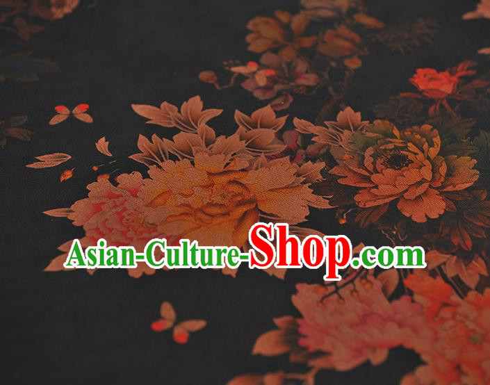 Chinese Cheongsam Black Silk Fabric Classical Peony Pattern Gambiered Guangdong Gauze Traditional Silk Drapery