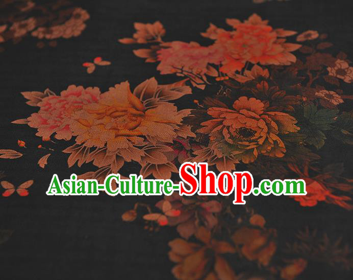 Chinese Cheongsam Black Silk Fabric Classical Peony Pattern Gambiered Guangdong Gauze Traditional Silk Drapery