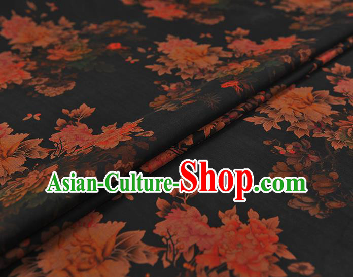 Chinese Cheongsam Black Silk Fabric Classical Peony Pattern Gambiered Guangdong Gauze Traditional Silk Drapery