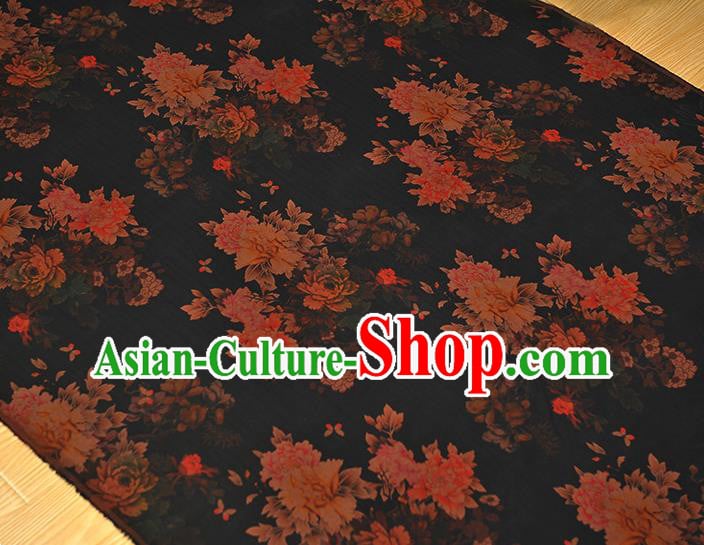 Chinese Cheongsam Black Silk Fabric Classical Peony Pattern Gambiered Guangdong Gauze Traditional Silk Drapery